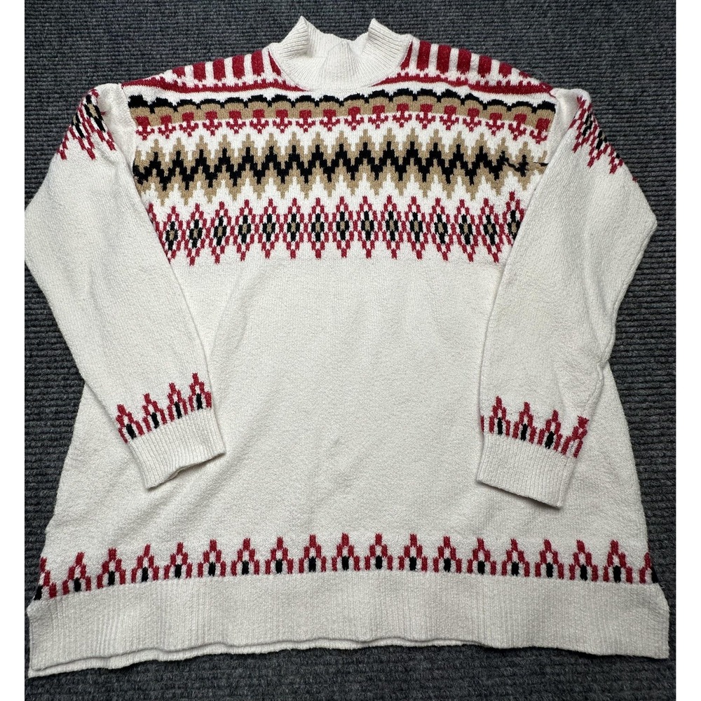 LOFT Sweater Womens Medium White Red Fair Isle Pullover Knit Winter Holiday Cozy